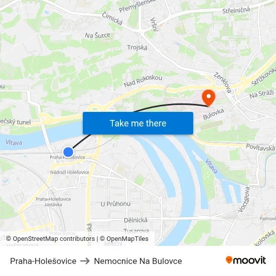 Praha-Holešovice to Nemocnice Na Bulovce map