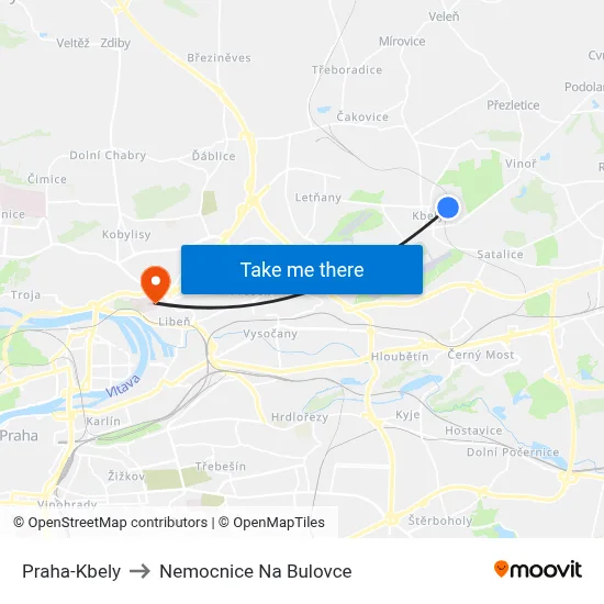 Praha-Kbely to Nemocnice Na Bulovce map