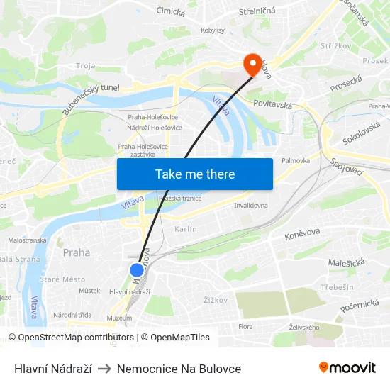 Hlavní Nádraží to Nemocnice Na Bulovce map