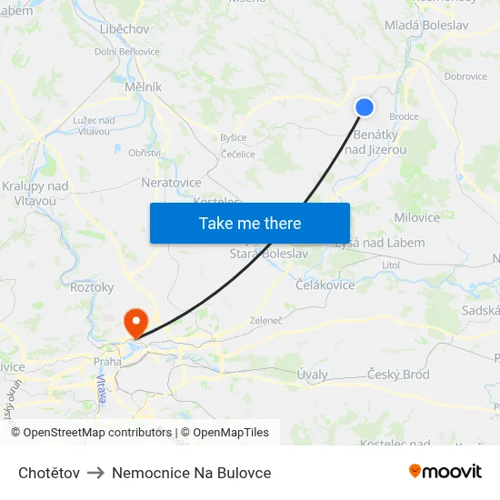 Chotětov to Nemocnice Na Bulovce map