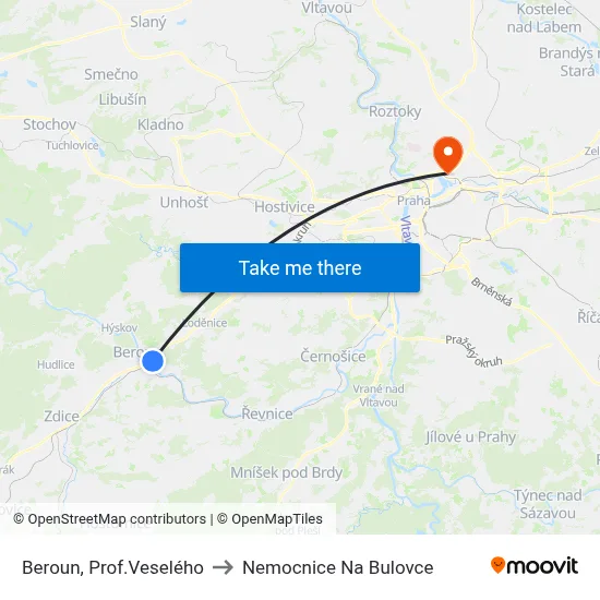 Beroun, Prof.Veselého to Nemocnice Na Bulovce map