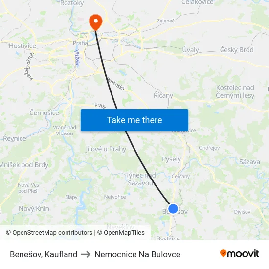 Benešov, Kaufland to Nemocnice Na Bulovce map