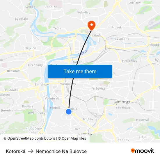 Kotorská to Nemocnice Na Bulovce map