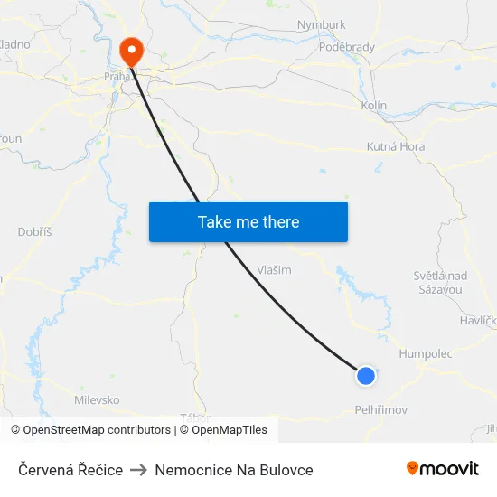 Červená Řečice to Nemocnice Na Bulovce map