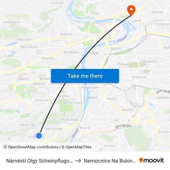 Náměstí Olgy Scheinpflugové to Nemocnice Na Bulovce map