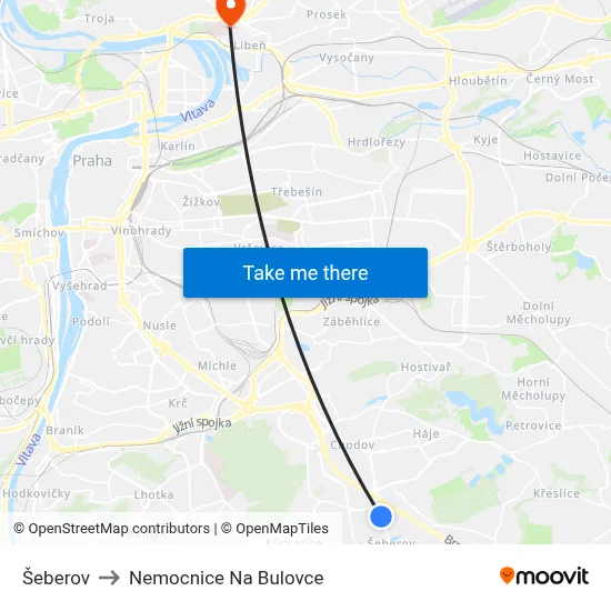 Šeberov to Nemocnice Na Bulovce map