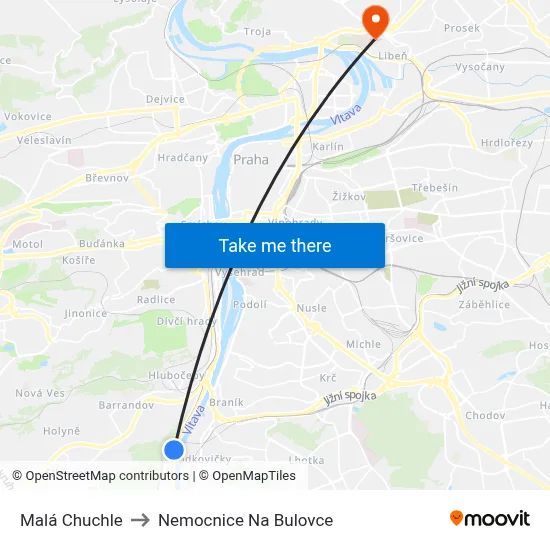 Malá Chuchle to Nemocnice Na Bulovce map