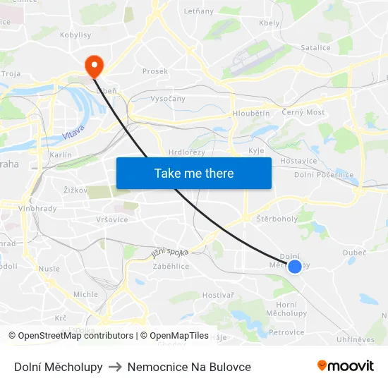 Dolní Měcholupy to Nemocnice Na Bulovce map