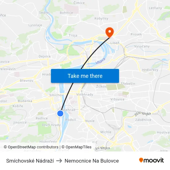 Smíchovské Nádraží to Nemocnice Na Bulovce map