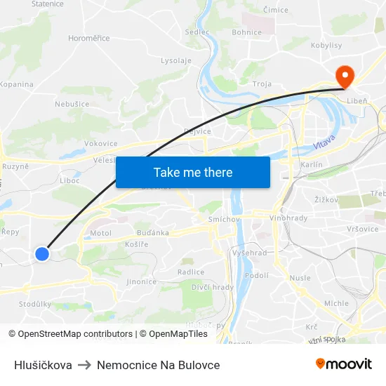 Hlušičkova to Nemocnice Na Bulovce map