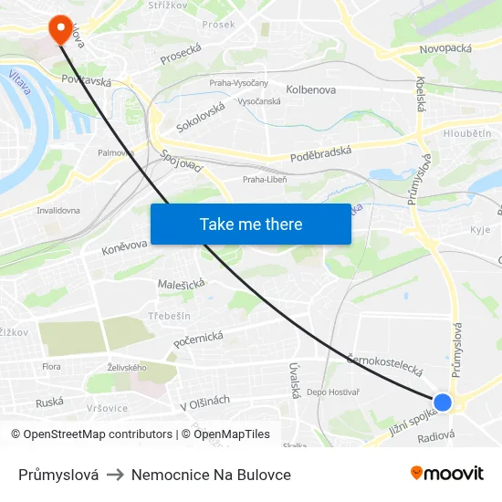 Průmyslová to Nemocnice Na Bulovce map