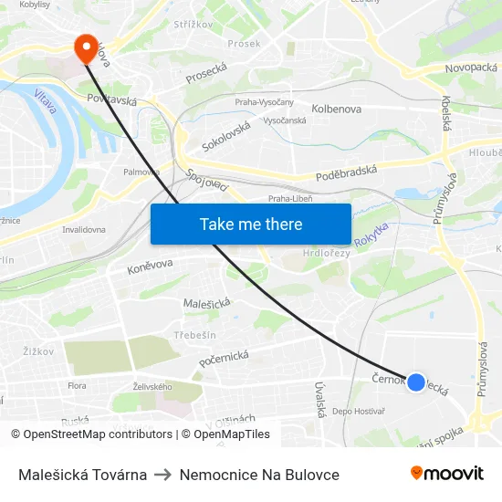 Malešická Továrna to Nemocnice Na Bulovce map