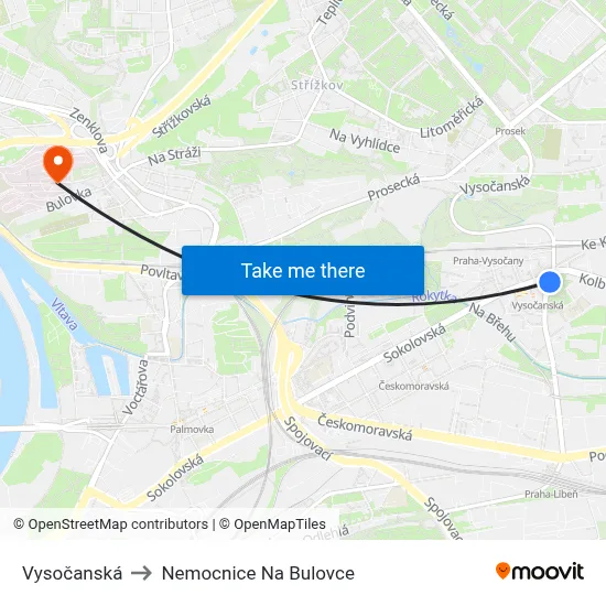 Vysočanská to Nemocnice Na Bulovce map