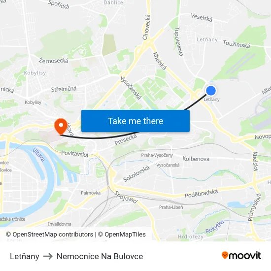 Letňany to Nemocnice Na Bulovce map