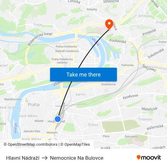 Hlavní Nádraží to Nemocnice Na Bulovce map