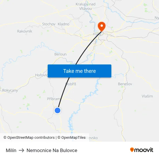 Milín to Nemocnice Na Bulovce map