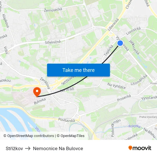 Střížkov to Nemocnice Na Bulovce map