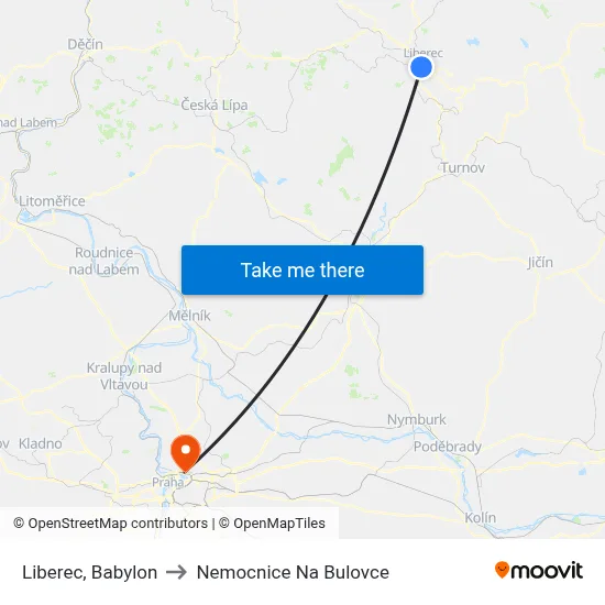Liberec, Babylon to Nemocnice Na Bulovce map