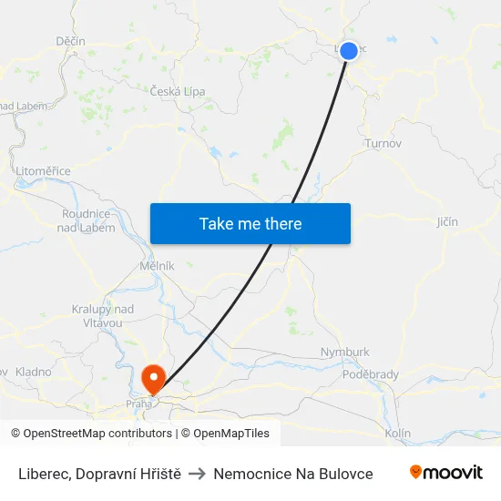 Liberec, Dopravní Hřiště to Nemocnice Na Bulovce map