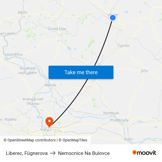 Liberec, Fügnerova to Nemocnice Na Bulovce map