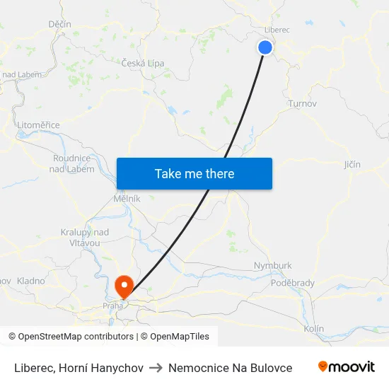 Liberec, Horní Hanychov to Nemocnice Na Bulovce map