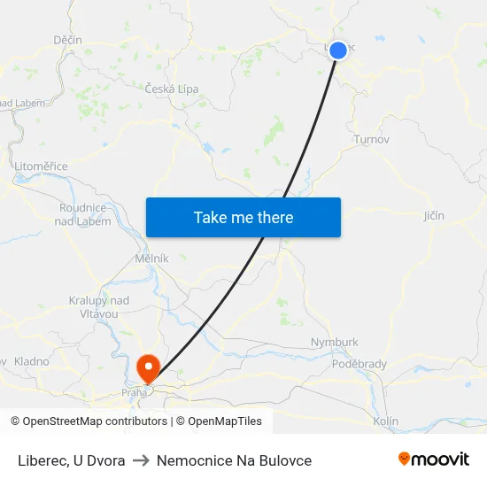 Liberec, U Dvora to Nemocnice Na Bulovce map