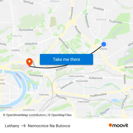 Letňany to Nemocnice Na Bulovce map