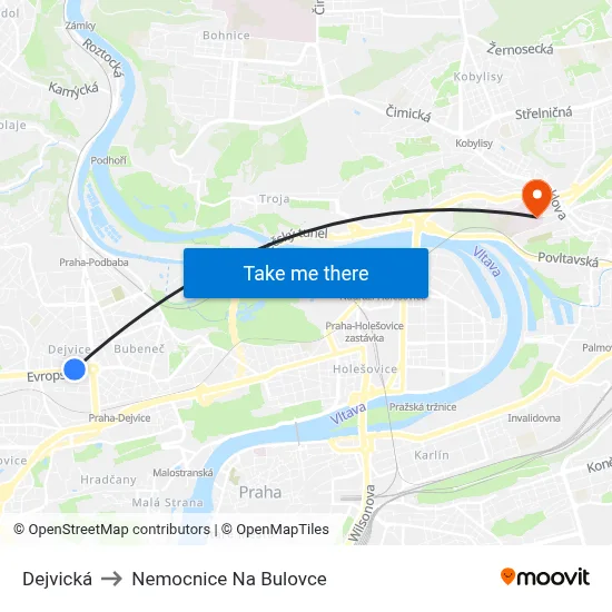 Dejvická to Nemocnice Na Bulovce map