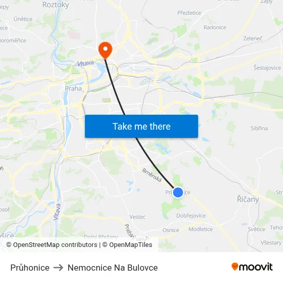 Průhonice to Nemocnice Na Bulovce map