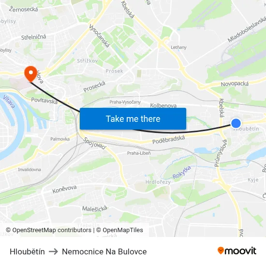 Hloubětín to Nemocnice Na Bulovce map