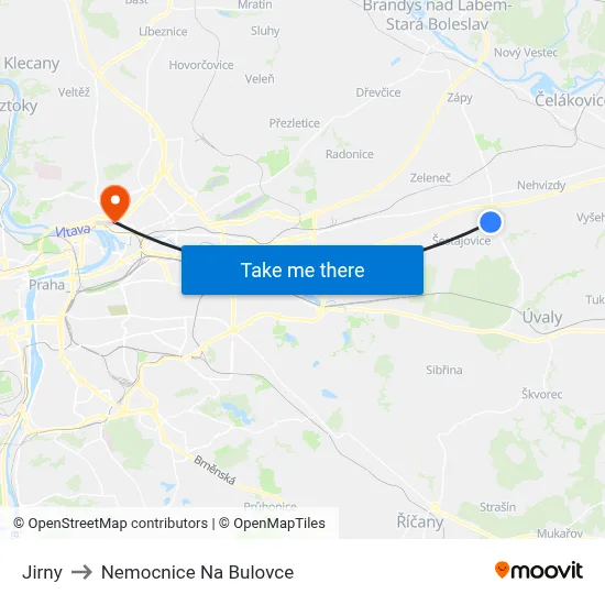 Jirny to Nemocnice Na Bulovce map
