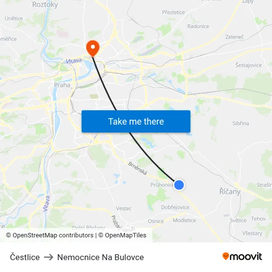 Čestlice to Nemocnice Na Bulovce map