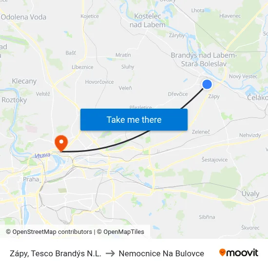 Zápy, Tesco Brandýs N.L. to Nemocnice Na Bulovce map
