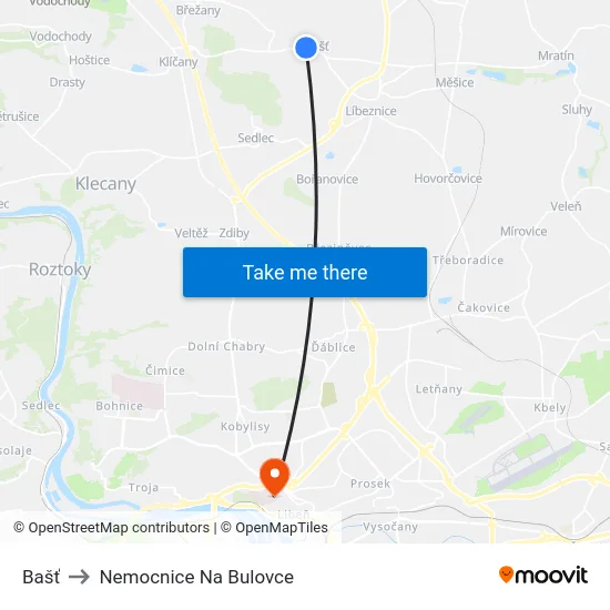 Bašť to Nemocnice Na Bulovce map