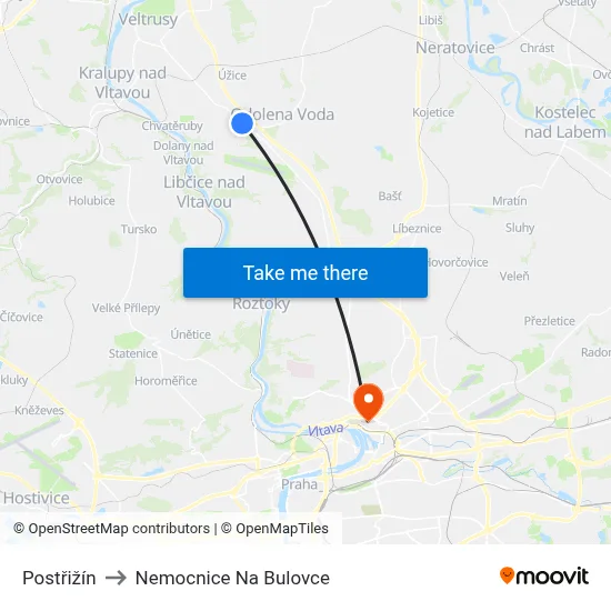 Postřižín to Nemocnice Na Bulovce map