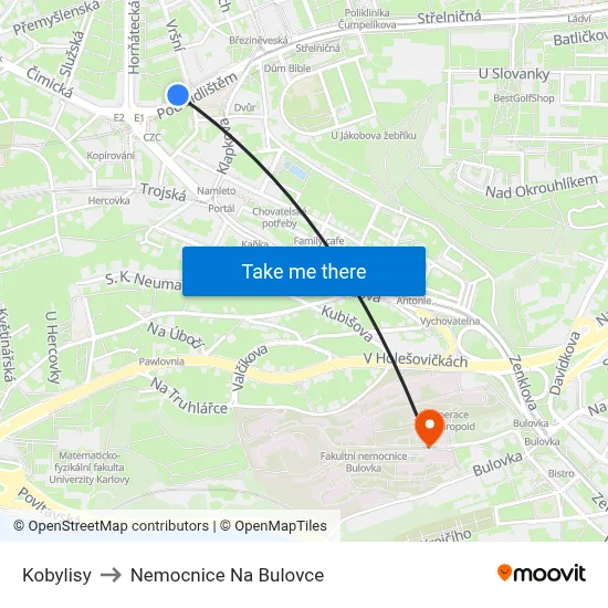 Kobylisy to Nemocnice Na Bulovce map