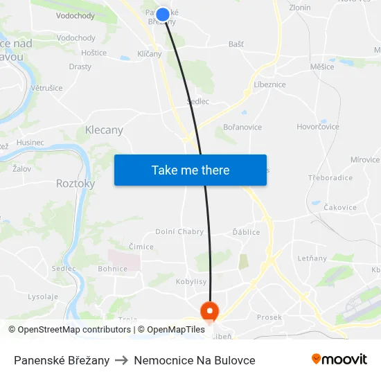 Panenské Břežany to Nemocnice Na Bulovce map