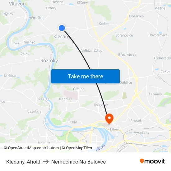 Klecany, Ahold to Nemocnice Na Bulovce map