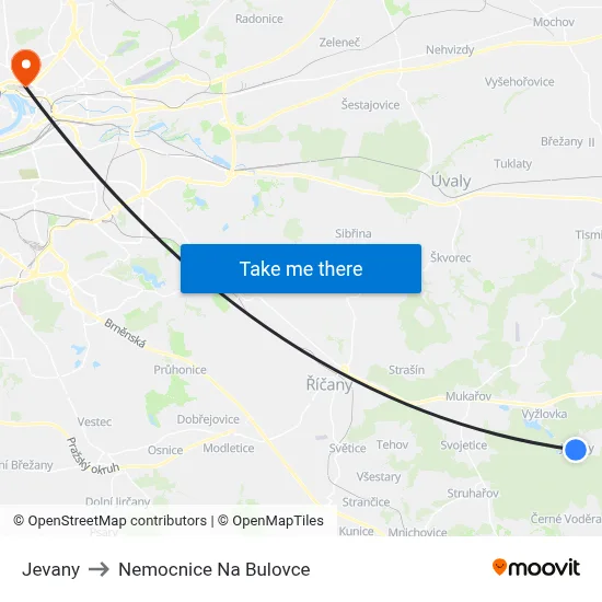 Jevany to Nemocnice Na Bulovce map