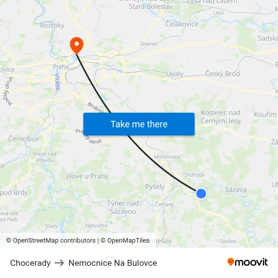 Chocerady to Nemocnice Na Bulovce map