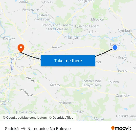 Sadská to Nemocnice Na Bulovce map