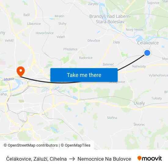 Čelákovice, Záluží, Cihelna to Nemocnice Na Bulovce map