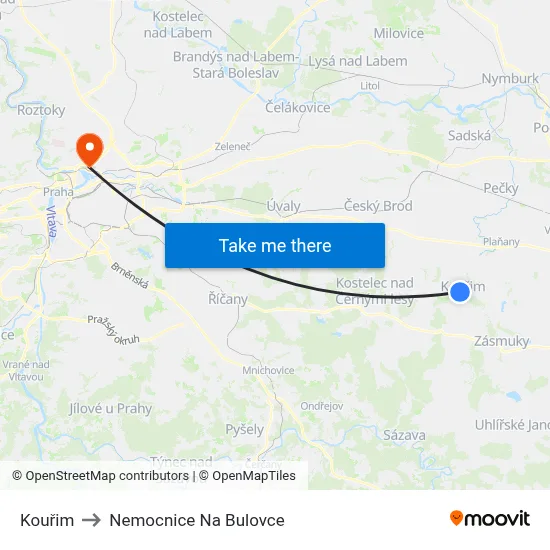 Kouřim to Nemocnice Na Bulovce map