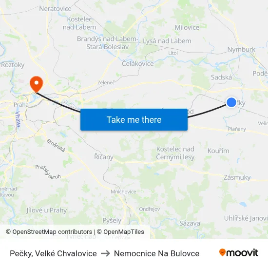 Pečky, Velké Chvalovice to Nemocnice Na Bulovce map