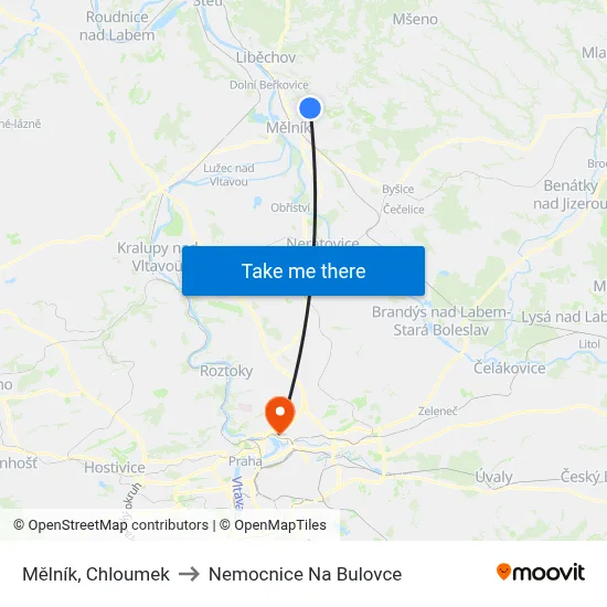 Mělník, Chloumek to Nemocnice Na Bulovce map