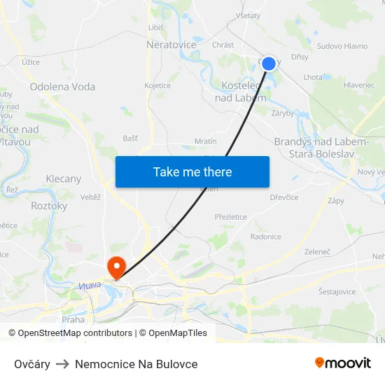 Ovčáry to Nemocnice Na Bulovce map