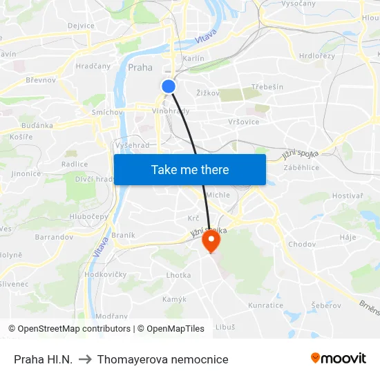 Praha Hl.N. to Thomayerova nemocnice map