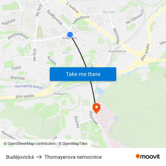 Budějovická to Thomayerova nemocnice map