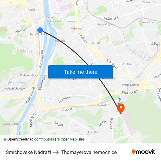 Smíchovské Nádraží to Thomayerova nemocnice map