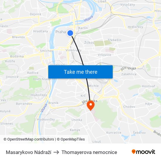 Masarykovo Nádraží to Thomayerova nemocnice map